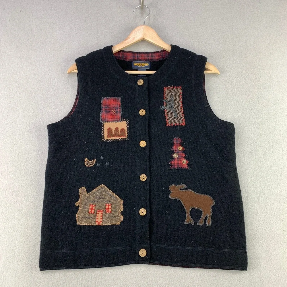 Woolrich Vest Women Medium Black Cabin Moose Patchwork Wool Sweater Cottagecore